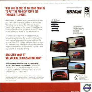 Volvo S60 Launch Track Day Events 2010 UK Market Mailer Leaflet Brochure