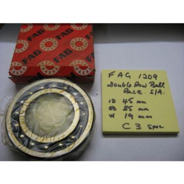 FAG 1209 ball bearing race  2 row self aligning C3.  45mm x 85mm x 19mm.